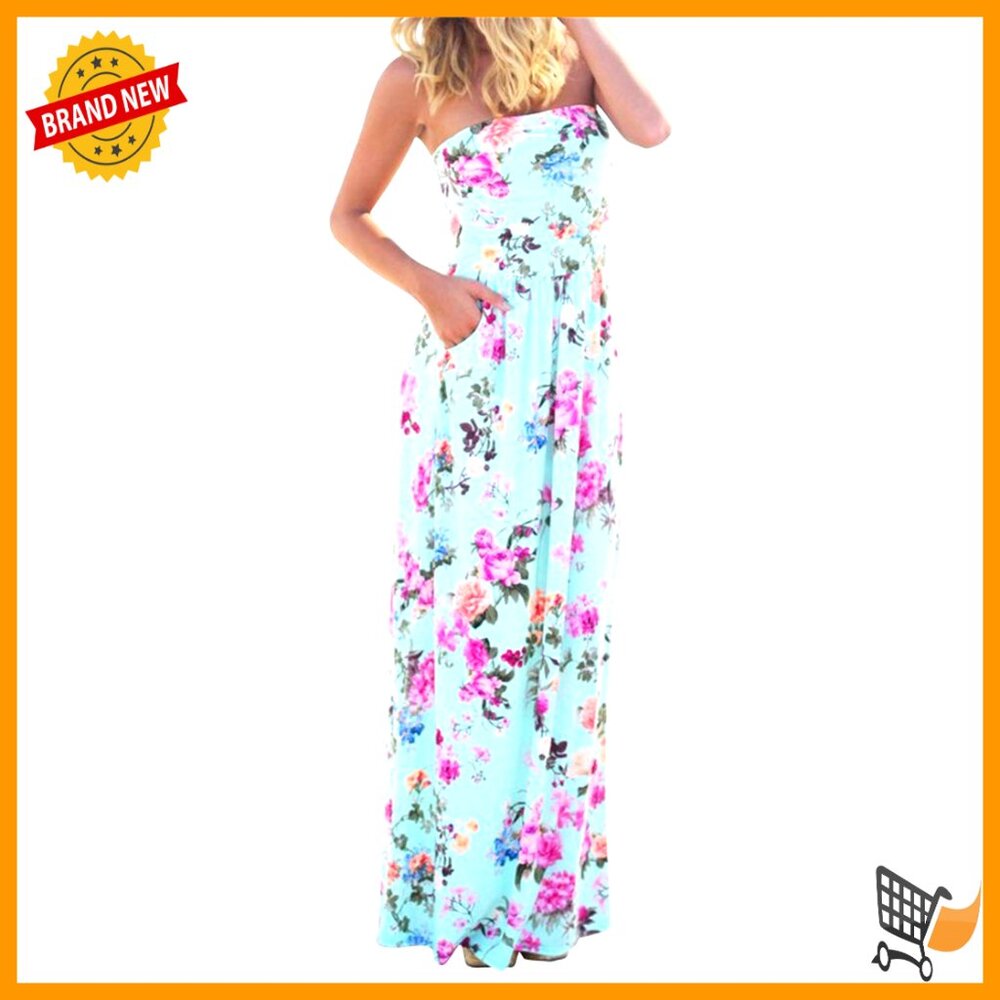 Strapless Tube Top Maxi Dress with Pockets Floral Boho Beach